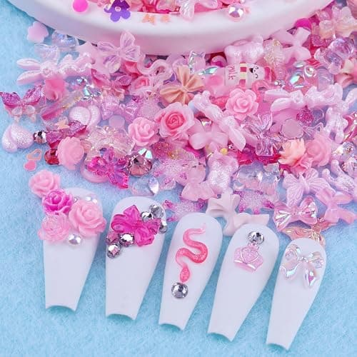 Sinyanail 300pcs Nail Art Charms Kit,Over 100pcs Mixshape Resin Gems and 100 pcs Mixed Flatback Nail Rhinestones Pearls with Over 100pcs Sequins for Women's Manicure Making (Pink) thumbnail 6