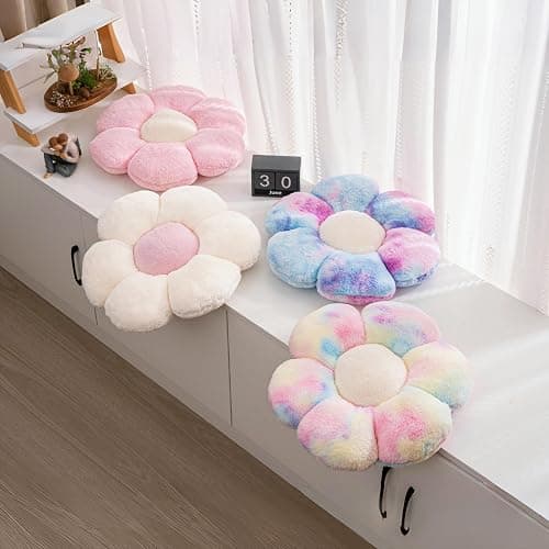 JZNEXD 2 Pcs Pink White Throw Pillows Cute Flower Pillow Daisy Flower Shaped Floor Cushions Set, Preppy Decorative Throw Pillows for Girls Bed Bedroom Couch Decor (White & Pink, 15 INCH) thumbnail 4