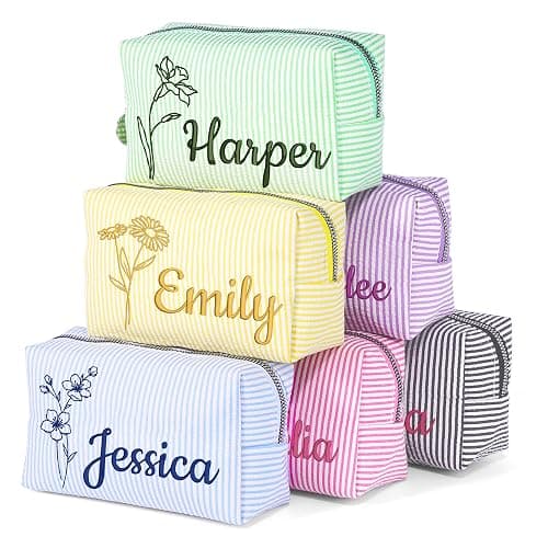 Ajiangwu Personalized Seersucker Makeup Bag with Embroidered Name,Custom Small Cosmetic Bag Travel Toiletry Bag Birthday Christmas Gifts for Teen Girls Daughter (2-Makeup Bag with Birth Flower) - Image 1