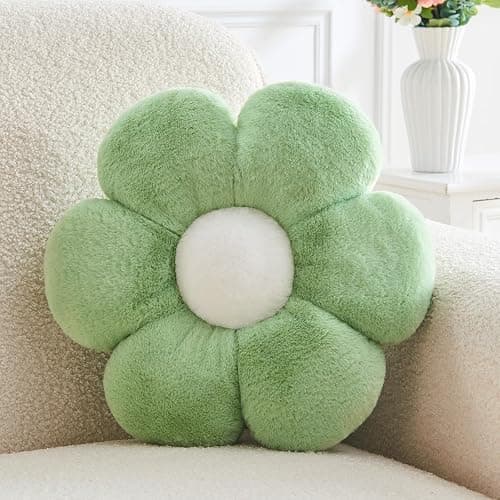 Mepherl Green Flower Pillow, Soft Daisy Shaped Throw Pillows with Faux Rabbit Fur for Home Decorative,Cute Flower Throw Pillow Cushion for Bed Sofa Couch (Small - 15.7 Inch) - Image 1