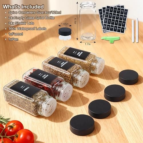 JARXSUN 24Pcs Spice Jars Containers with Labels，4oz Black Seasoning Bottles with Shaker Lids for Rack, Cabinet, Drawer,Empty Square Condiment Pots (24, Black) thumbnail 5