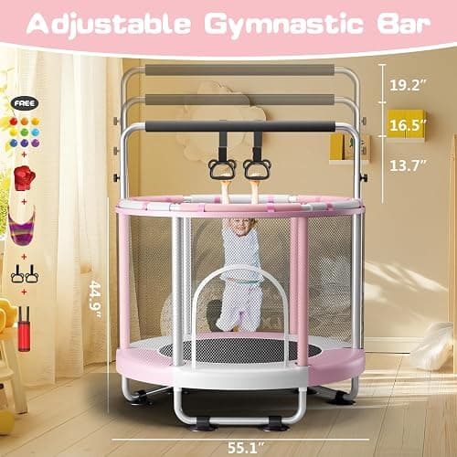 ZCMHAXJ 55" Trampoline for Kids with Enclosure, 440lbs Capacity Indoor & Outdoor Toddler Trampoline with Adjustable Gymnastics Bar & Toys, for Boys & Girls - Pink thumbnail 4