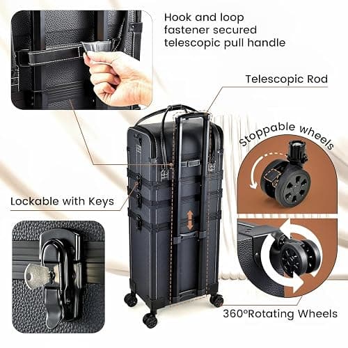 Costravio 5 in 1 Rolling Makeup Case Transformable Train Case, Black Vegan Leather Cosmetology Case on Wheels, Travel Cosmetic Storage Cases for for Hairstylist Artist Nail Beauty Salon Barber thumbnail 5
