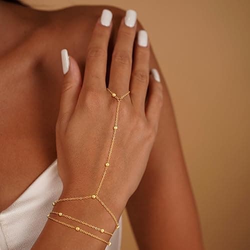 Picuzzy 14k Gold Plated Hand Chain for Women,Trendy Ring Bracelet Hand Chain Non Tarnish Beaded Cubic Zircon Infinity Finger Ring Slave Bracelet Stack Jewelry Gifts for Women thumbnail 4