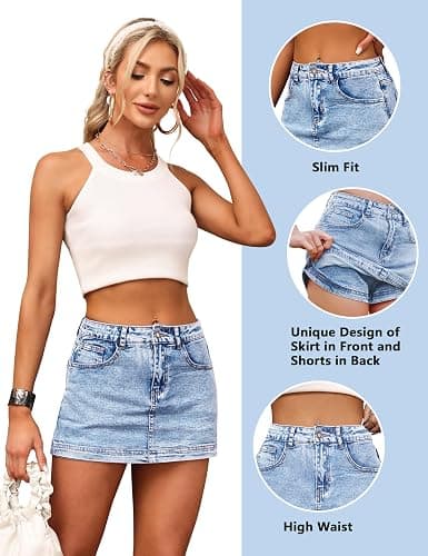 Denim Skort for Women High Waist Mini Denim Skirt Casual Stretch Women Jean Skirt with Pockets thumbnail 5