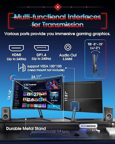 SANSUI 27 Inch Curved 240Hz Gaming Monitor FHD 1080P, 1500R Curve Computer Monitor, 130% sRGB, 4000:1 Contrast, HDR, FreeSync, MPRT 1Ms, Low Blue Light, HDMI DP Ports, Metal Stand, Cable Incl. thumbnail 9