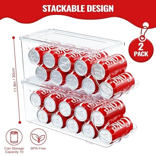 SCAVATA 2 Pack Stackable Refrigerator Organizer, Soda Can Dispenser Pop Cans Container Beverage Holder with Lid for Fridge, Freezer, Kitchen, Clear Plastic Storage Bins-Holds 10 Cans Each thumbnail 3