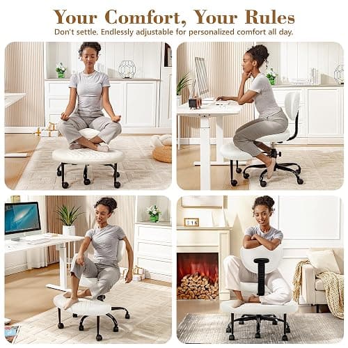 AtHope Ergonomic Cross Legged Office Chair with Wheels - Adjustable Height for Meditation, ADHD Desk & Yoga - Wide Criss Cross Design with Lumbar Support, Kneeling Chair - White thumbnail 4