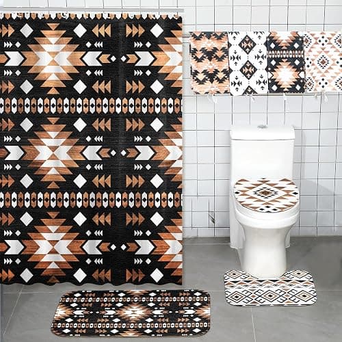 FuWeave 8 Pcs Western Aztec Shower Curtain Set Geometric Vintage Bathroom Decor Boho Abstract Pattern Waterproof Shower Curtain Aztec Towels Non Slip Rug Toilet Lid Cover Bath Mat with 12 Hooks thumbnail 6