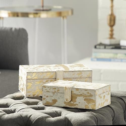 Deco 79 Leather Handmade Decorative Box Decorative Keepsake Boxes with Gold Foil Paint, Set of 2 Storage Boxes 8", 10"W, Gold thumbnail 6