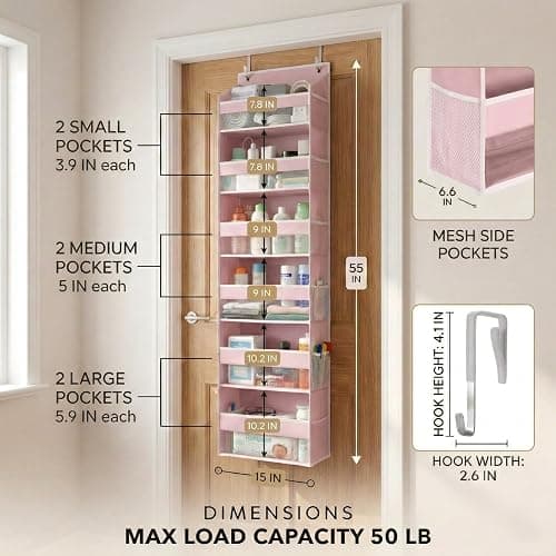 HOMELUX THEORY UPGRADED 6 Tiers Over The Door Organizer Hanging - 100D EXTRA THICK & 50lbs HUGE CAPACITY, 12 Side Mesh Pockets Over The Door Shoe Organizer, Hanging Closet Organizer (Baby Pink, 1pc) thumbnail 2