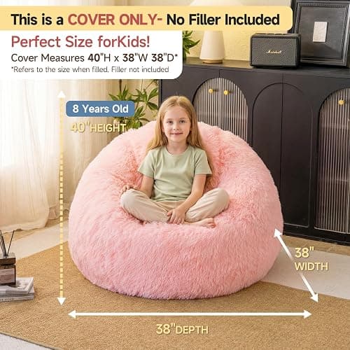 Pink fluffy bean bag chair covers (No Filler), comfy Plush Pink bean bag chair Cover for bedroom, stuffed animal Storage, kids adults teens girls bean bag chairs, Anti-Slip thumbnail 2