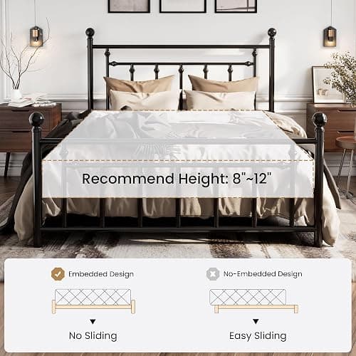 SHA CERLIN 14'' Queen Size Metal Platform Bed Frame/Victorian Headboard and Footboard/Steel Slats Mattress Foundation for Storage/No Box Spring Needed/Noise Free/Black thumbnail 7