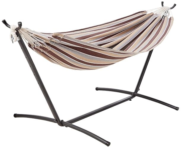 Amazon Basics Double Hammock with 9-Foot Space Saving Steel Stand and Carrying Case, 450 lb Capacity, Cream Wave, 110x47x43 inches - Image 1