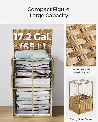 SONGMICS Laundry Hamper with Lid, 17.2 Gallon (65 L) Synthetic Rattan Clothes Laundry Basket with Lid and Handles, Foldable, Removable Liner, Goose Yellow ULCB165N01 thumbnail 6