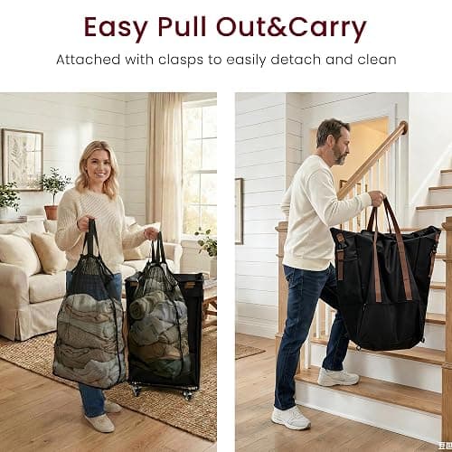 150L Rolling Laundry Basket with Wheels and 2 Removable Bags, Double Laundry Hamper with Lid, 2 Section Large Capacity for Laundry Bedroom Bathroom Dorm, Easy Move & Organize 19.7"x15.7"x31.9", Black thumbnail 5