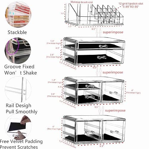 Cq acrylic 4 Pack Clear Make Up Organizers for Vanity,Stackable 7 Drawers Make Up Organizer,Cute Desk Organizer for Vanity Jewelry,Hair Clip,Beauty,Skincare Product Dresser Acrylic Drawer Organizer - 7 Drawers - clear thumbnail 2