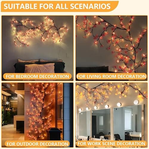 FNHMSL Cherry Enchanted Willow Vine Lights, 4FT 48LED Pink Cherry Blossom Tree Branch Lights for Wall, Remote Timer,8 Light Model,Bedroom Wall Doors Wedding, Christmas, USB Battery Box thumbnail 6