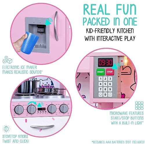 Lil' Jumbl Kids Kitchen Set, Pretend Wooden Play Kitchen, Battery Operated Icemaker & Microwave with Realistic Sound, Pots & Pan Included - Pink - Regular - Pink 2 thumbnail 4