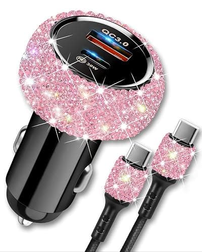 Bling USB C Car Charger, 48W PD QC Dual Port Fast Adapter with 3.2FT USB Type-C Charging Cable Compatible with iPhone 17 16 15 Pro Max iPad Samsung Galaxy Android(Pink) - Image 1