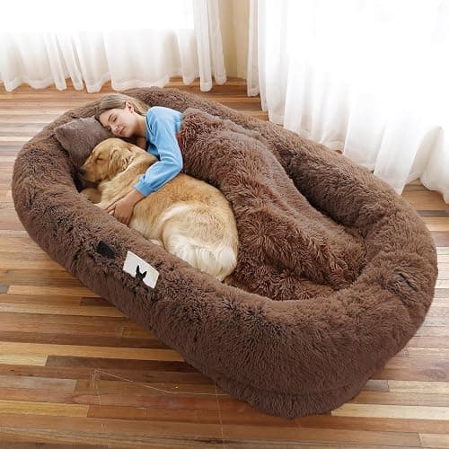 Human Dog Bed, 71''x45''x12'' Size Fits You and Pets, Washable Faux Fur Pet Bed for People Doze Off, Napping Orthopedic Dog Bed, Present Plump Pillow, Blanket, Strap - Coffee - Image 1