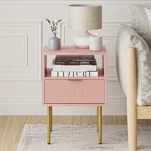 Masupu Night Stand,Mid-Century Modern Bedside Table with Storage Drawer and Open Wood Shelf,Small Gold Frame Side Table for Bedroom,Living Room, Pink thumbnail 7