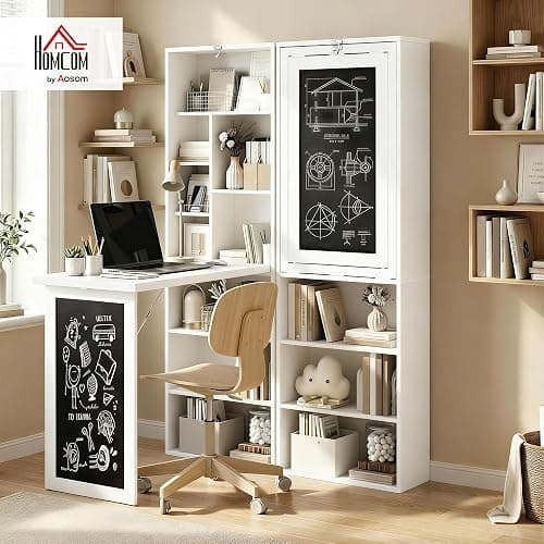 HOMCOM Foldable Convertible Writing Table, Wall Mounted Space-Saving Computer Desk with Chalkboard and Storage Shelves for Small Spaces, Home Office, Bedroom, Dorm, Apartment, White thumbnail 2
