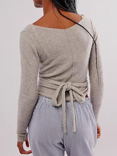 OFSOAK Womens Wool Tie Front Tops Crop Top Solid Long Sleeve Solid V-Neck Lightweight Crochet Cardigan Crop thumbnail 4