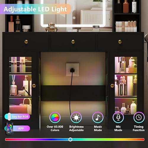 Black Vanity Desk with Mirror and Lights, Glass Top Vanity with Lighted Mirror & RGB Cabinet and 3 Drawers, Dressing Table with 8 Shelves, Makeup Desk with Lights for Girls Bedroom, 3 Color Modes thumbnail 5