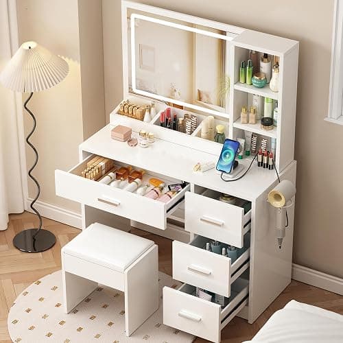 OTOQS Vanity Desk with Mirror and Lights, 4 Drawers & Benches Vanity Desk Set, 3 Color Lighting Modes Adjustable Brightness Vanity for Bedroom Makeup Table thumbnail 7