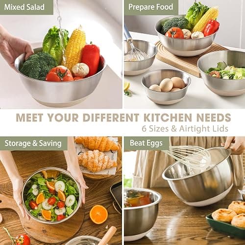 Umite Chef Mixing Bowls with Airtight Lids, 6 piece Stainless Steel Metal Nesting Storage Bowls, Non-Slip Bottoms Size 7, 3.5, 2.5, 2.0,1.5, 1QT, Great for Mixing & Serving (Khaki) thumbnail 4