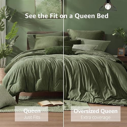 Monbix Oversized Queen Comforter Set - 7 Pieces Cationic Dyeing Olive Green Bed in a Bag Bedding Sets with Comforter, Sheets, Pillowcases & Shams, Reversible Bedding Comforters Sets thumbnail 3