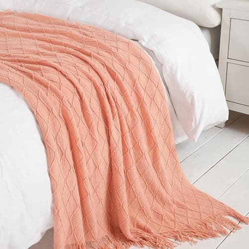 BOURINA Orange Throw Blanket 50x60 Inches Throw Textured Solid Soft Sofa Couch Decorative Knit Blanket thumbnail 3