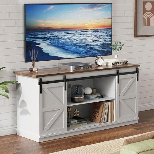 YESHOMY Farmhouse TV Stand for Televisions up to 65 Inches, Sliding Barn Doors and Storage Cabinets, Console Table and Media Furniture for Living Room, 58 Inch, Milk White - Image 1