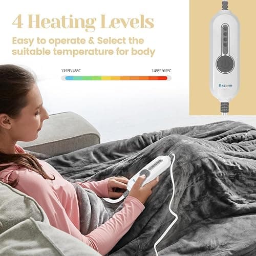 Electric Heated Blanket Throw, Soft Cozy Bszone Flannel Heating Blanket 50"×60" Fast Heating Machine Washable with 4 Heat Levels & 4 Hours Auto Off, Grey thumbnail 4