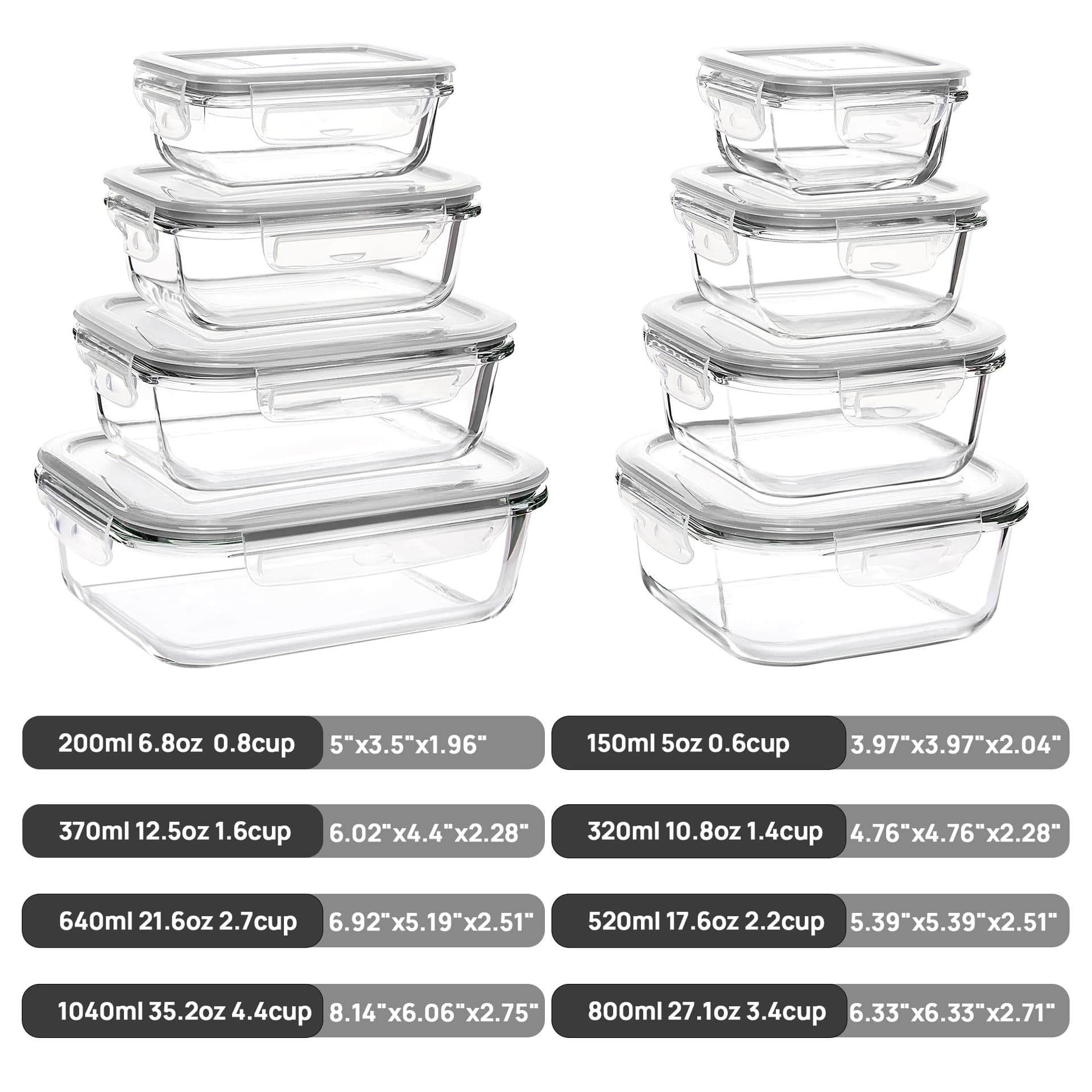 Vtopmart 8 Pack Glass Food Storage Containers with Airtight Lids, Meal Prep Containers, Bento Boxes for Lunch, for Microwave, Oven, Freezer and Dishwasher, BPA Free thumbnail 2