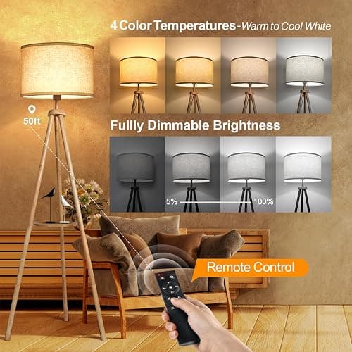 OUTON Tripod Floor Lamp with Shelves, Mid Century Dimmable Wood Floor Lamp with Remote Control, 4 Color Temperatures, Standing Tall Lamp with Linen Shade for Living Room, Bedroom, Office, Oak Hardwood thumbnail 3