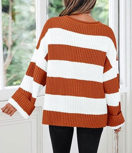 ZESICA Women's 2025 Fall Long Sleeve Oversized Striped Color Block Comfy Loose Crew Neck Knitted Pullover Sweater thumbnail 4
