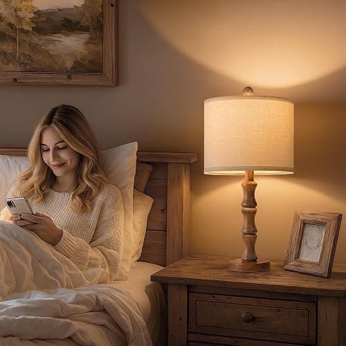 BOBOMOMO 20.5" Rustic Table Lamps Set of 2, Farmhouse Nightstand Lamp with Wood Grain Resin Base & Linen Shade, Small Bedside Lamp for Bedroom, Living Room & Apartment Décor- Ideal for Small Spaces thumbnail 5
