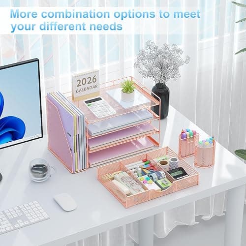gianotter Desk Organizers and Accessories with File Holder, 4-Tier Desk Accessories & Workspace Organizers with Drawer and 2 Pen Holder, Paper Organizer for Office Supplies (Rose Gold) thumbnail 5