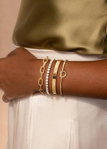 KOHOTA Chunky Gold Bracelets for Women Non Tarnish 14K Gold Plated Cuff Bracelet Stack Trendy Love Bangle Bracelets Stackable Tennis Bracelet Set Tie Knot Cuban Paperclip Figaro Chain Jewelry Gifts thumbnail 5