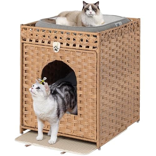 Snughome Cat Litter Box Enclosure Furniture Hidden with Litter Mat, Hidden Washroom Furniture with Door, Handwoven Rattan Cat Washroom Box, Indoor Pet House for Living Room, Bedroom(Natural) - Image 1