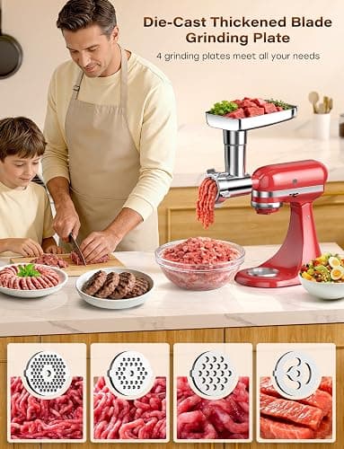 100% Polished Stainless Steel Meat Grinder Attachment for KitchenAid Mixer, Dishwasher Safe Food Grinder Attachment Anti-Corrosion, 18-Piece Set Includes 3 Seamless Sausage Stuffers, 4 Grinding Plates thumbnail 2