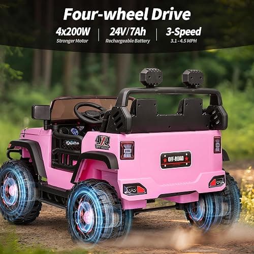 Hikiddo 2 Seater Ride on Toy Car for Kids, 24V 4WD Ride-on Truck Kids Electric Car with Remote Control, 4x200W Motors - Light Pink thumbnail 4