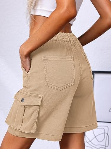 ELLEVEN Bermuda Cargo Shorts Women, Elastic High Waist 6 Pockets Shorts 7 Inch Inseam Summer Jorts for Women Casual thumbnail 3