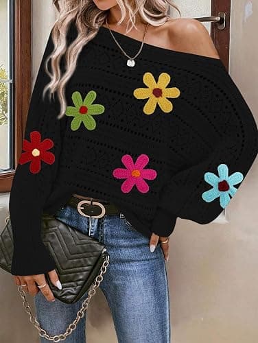 Cakulo Womens Off Shoulder Sweater Top Fall Outfits Fashion 2025 Oversized Knit Batwing Long Sleeve Crochet Flower Sweaters thumbnail 2