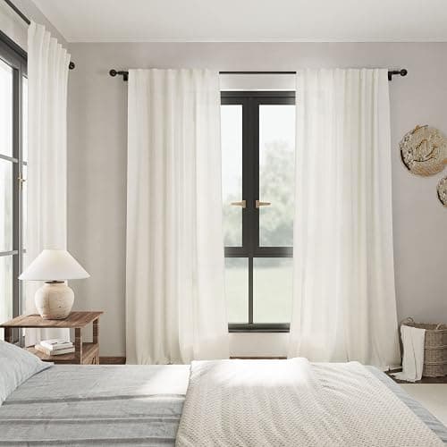Cream Linen Back Tab Curtains 84 Inch Length for Living Room 2 Panel Set Neutral Modern Farmhouse Window Privacy Semi Sheer Linen Drapes Rustic Pinch Pleated Look Curtain Natural Ivory Colored thumbnail 7
