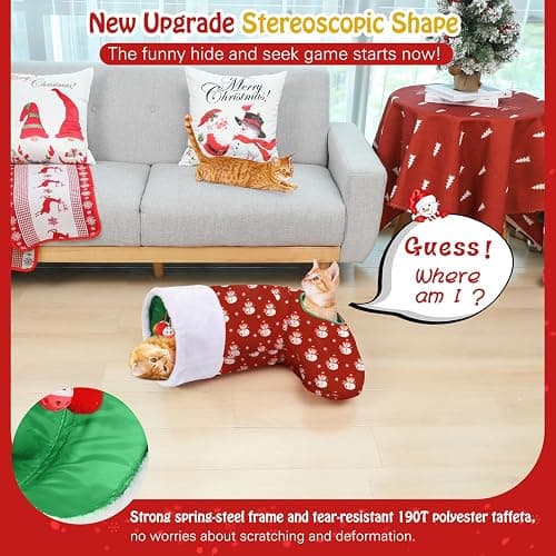 Pawaboo Cat Tunnel Christmas Sock with Bell Balls, Upgraded 2 Way Cat Tunnel Interactive Toy, Pet Xmas Stocking with Crinkle Paper & Strong Spring-Steel Frame for Cat Kitten Kitty, Red Snowman thumbnail 5
