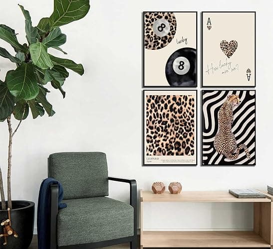 4Pcs Trendy Leopard Canvas Wall ArtCheetah Preppy Aesthetic Room Wall Decor Chic Leopard Ace Card Posters Prints Funky Lucky 8 Ball Painting Pictures for Girls Bedroom Apartment Dorm Unframed thumbnail 4