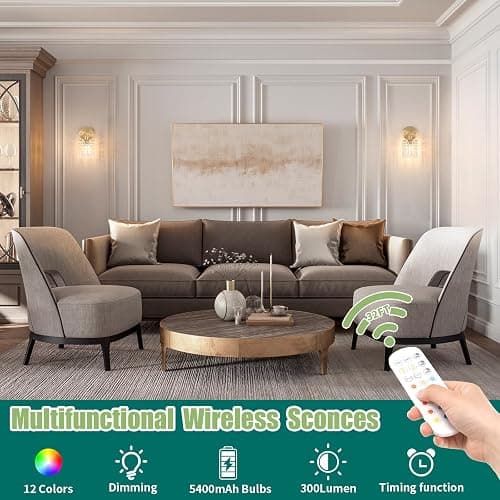 Shenmoyl Set of 2 Crystal Battery Operated Wall Sconce, Rechargeable Battery Powered Wall Lamp with Remote Control, Modern Dimmable Wireless Wall Lights for Bedroom Bathroom(Transparent, Gold Base) thumbnail 4